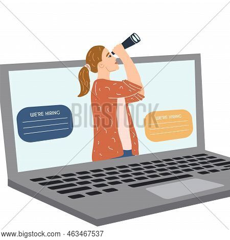 Woman With Binoculars On The Monitor Screen Searching For New Employee, Work Candidates, Hired Worke