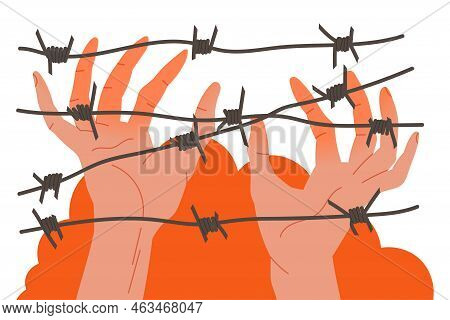 Human Hands Against Wire Entanglement As Refugee Suffering From War Conflict Seeking Asylum Vector I