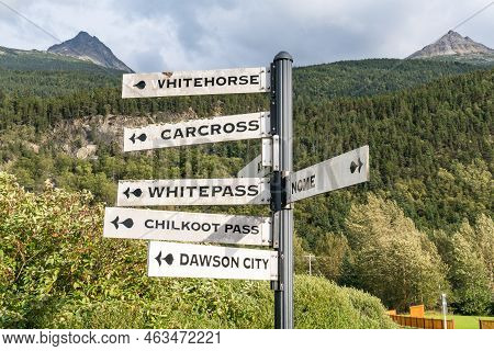 Directional Signpost Pointing To Towns Near Skagway, Alaska