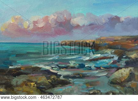 Sea Stones Oil Painting. Summer Abstract Art Background. Natural Orange-blue Wavy Texture. Impressio