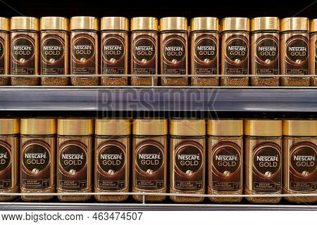 Nescafe Gold Coffee On Store Shelf. Nescafe Instant Coffee. Nescafe Is A Brand Of Instant Coffee Mad