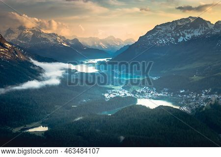 Celerina An Engadine Lakes, St Moritz, Silvaplana And Maloja From Muottas Muragl