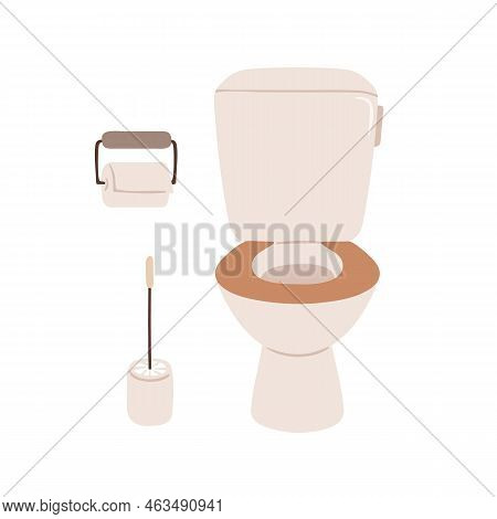 Ceramic Flush With Seat And Tank, Toilet Paper Holder, Closet Brush In Wc. Clean Lavatory, Loo And H