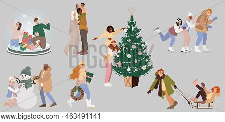 People Christmas Set Holiday Preparing Presents For Christmas, Decorating Christmas Tree. People Win