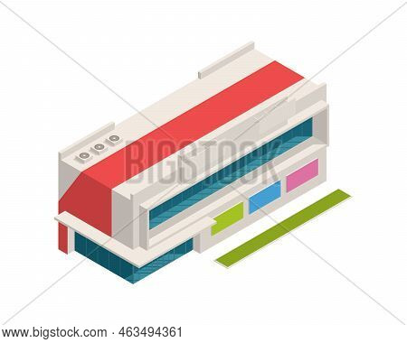 Modern Mall Building Exterior With Advertising Banners 3d Isometric Vector Illustration