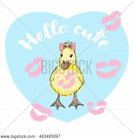 Baby Duck With Text Hello Cute Isolated On Blue Background, Duckling And Kisses Prints