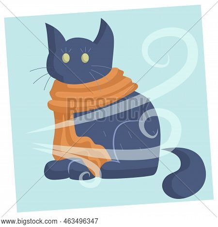Cute Domestic Cat In Warm Scarf In The Cold Autumn Weather. Seasonal Decorative Art For Children Boo