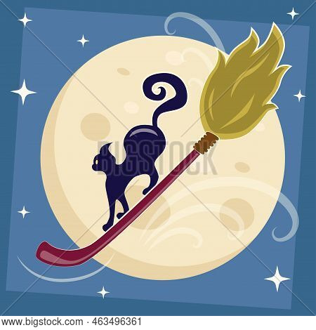 Cute Witch Cat Hat Who Stole Witches Broom And Fly In The Night. Seasonal Halloween Decorative Art F