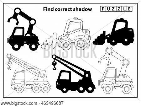 Puzzle Game For Kids. Find Correct Shadow. Construction Vehicles. Cartoon Truck Crane, Loader Or Lif