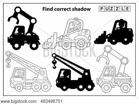 Puzzle Game For Kids. Find Correct Shadow. Construction Vehicles. Cartoon Truck Crane, Loader Or Lif