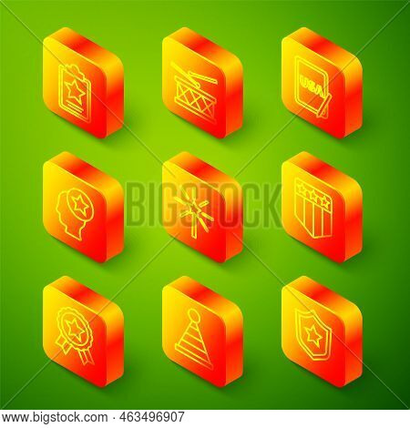 Set Line Usa Independence Day, Drum And Drum Sticks, On Graphic Tablet, Head, Firework, Shield With 
