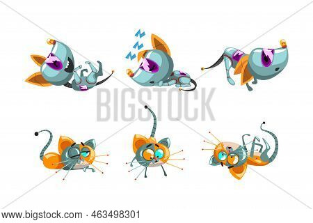 Cute Robotic Cat And Dog With Metal Tail And Paws In Different Pose Vector Set