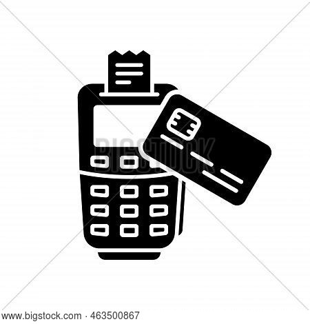 Contactless Payment On Pos Silhouette Icon. Tap Bank Card To Terminal For Wireless Transaction Nfc T