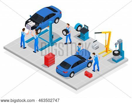 Car Workshop Isometric Composition With Professional Workers Performing Maintenance Of Automobiles V
