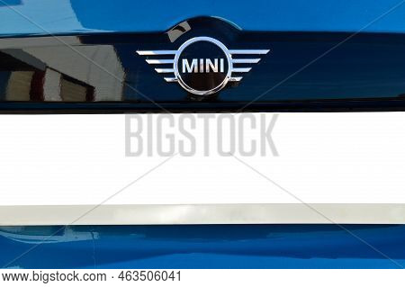 Mini Cooper Countryman Chrome Metal Logo Front View, Luxury Mini Blue Car In Istanbul City, December