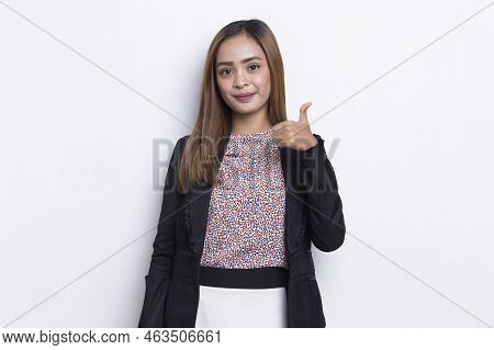 Young Asian Beautiful Woman With Ok Sign Gesture Tumb Up Isolated On White Background