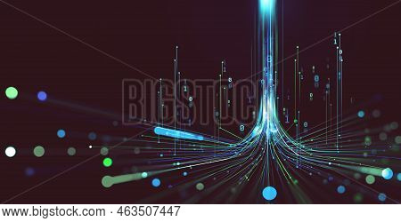 Electrical Impulse, Binary Code. Futuristic Wave. Neon Streaming. Data Stream 3d Illustration. Data 