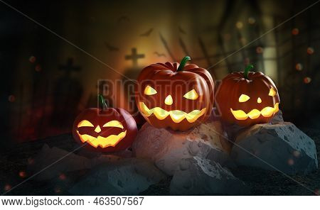 Halloween. Pumpkin Ghost 3d Illustration. Jack Pumpkinhead, All Saints Night. Glowing Pumpkins On Ba