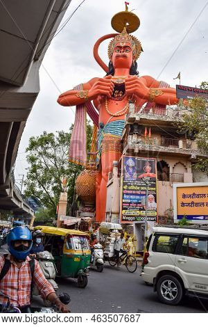 New Delhi, India - June 21, 2022 - Big Statue Of Lord Hanuman Near The Delhi Metro Bridge Situated N
