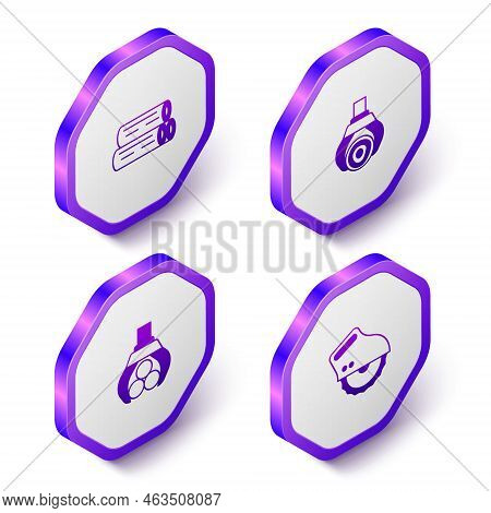 Set Isometric Wooden Log, Grapple Crane Grabbed A, And Electric Circular Saw Icon. Purple Hexagon Bu