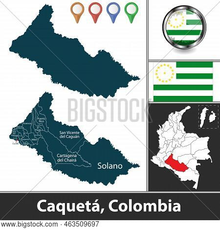 Map Of Caqueta Department With Municipalities And Location On Colombian Map. Vector Image