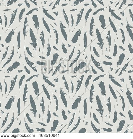 Seamless Pattern With Grey Disheveled Feathers On Light Backdrop. Monochrome Vector Background With 