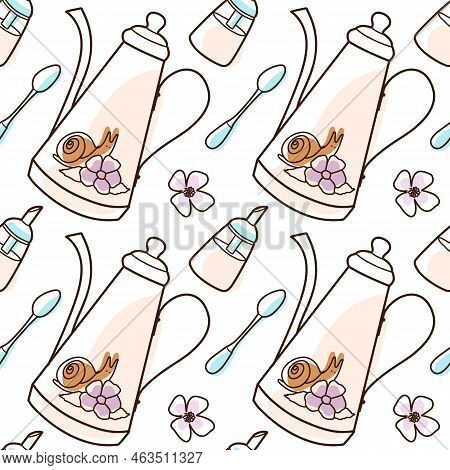 Contur And Spot Vector Seamless Pattern On The Cups And Teapot