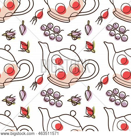 Contur And Spot Vector Seamless Pattern On The Cups And Teapot
