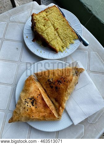 Turkish Pastry Borek And Cake Served At Local Cafe. Borek. Ready To Eat.