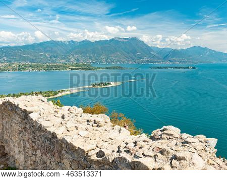 View On Lake Garda And South Alps Peaks From The Rocca Di Manerba Ruins Wall,  Manerba Del Garda, It