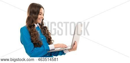 Happy Child Long Curly Hair Typing On Laptop Isolated On White, School. School Girl Portrait With La