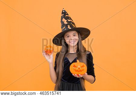 Happy Witch Kid With Pumpkin Jack O Lantern Wear Costume Of Wizard On Halloween Party, Halloween Atr