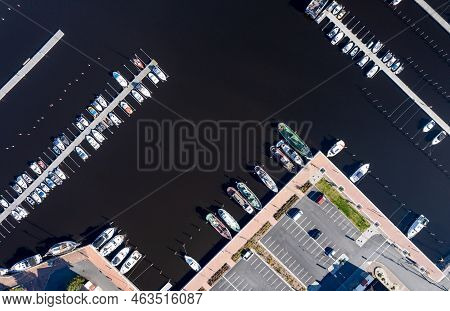 Aerial Drone Scenery Of Fishing Boats Moored At The Marina. Kuopio Finland