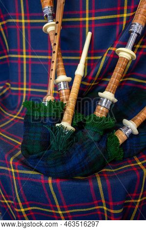 Symbols Of Scotland - Wollen Tartan Textile And Handmade Musical Instrument Bagpipes