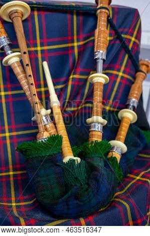 Symbols Of Scotland - Wollen Tartan Textile And Handmade Musical Instrument Bagpipes