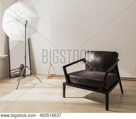 Photo Studio With Lightning Equipment And White Backgrond, Fotostudio, 3d Rendering