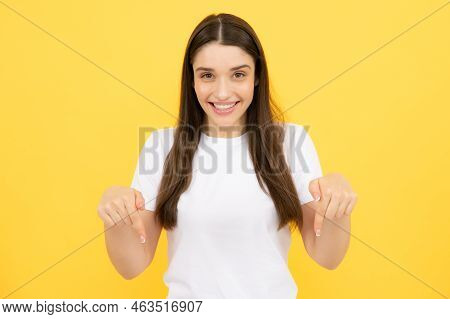 Woman Point Down At Copy Space, Showing Copyspace Pointing Down. Promo, Girl Showing Advertisement C