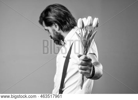 Revert The Eyes Man Carry Tulip Flower Gift For Valentines Day Or Birthday Celebration, Mothers Day