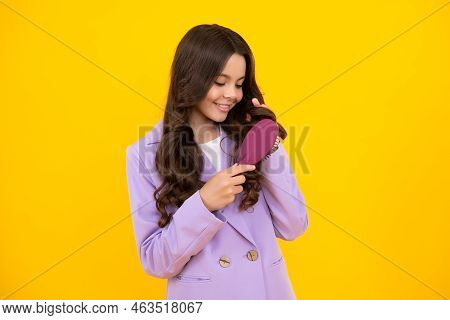 Teen Girl Girl With Brush Combing Hair. Girl Taking Haircare And Hairstyle. Hairdresser Hair Solon F