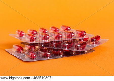 Too Many Different Pill Cartridges Stacked. Selective Focus. Packs Of Blister Pills With Tablets. Co