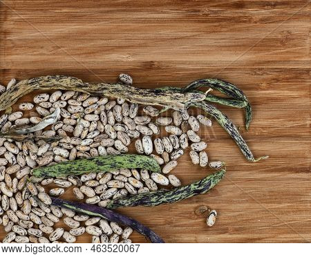 Dried Rattlesnake Pole Beans With Future Seeds On Bamboo Background In Flat Lay Format