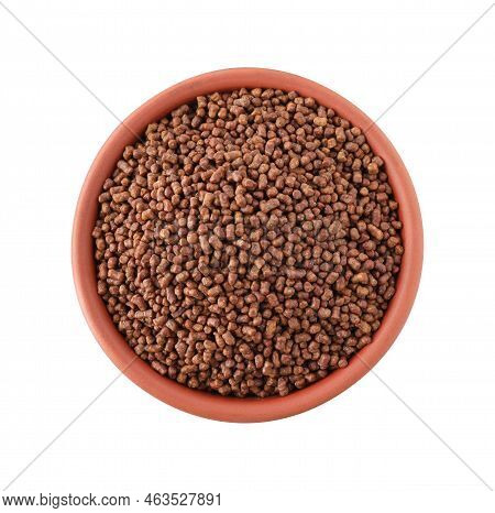 Buckwheat Tea Granules In Bowl On White Background, Top View