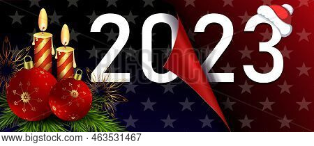 Happy New Year 2023, Christmas Composition Folded Sheet With Stars, Burning Candles