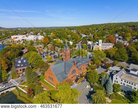 Winchester Town Hall Aerial View In Fall At Winchester Center Historic District, Town Of Winchester,