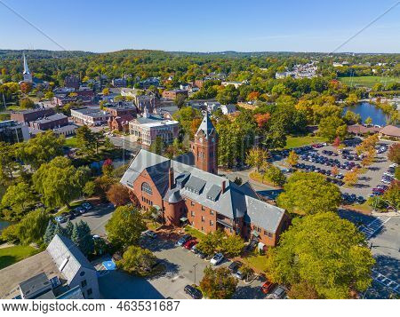 Winchester Town Hall Aerial View In Fall At Winchester Center Historic District, Town Of Winchester,