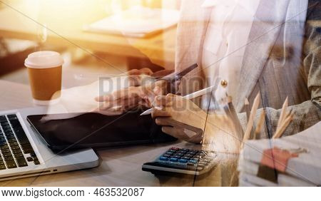 Businesswoman Hand Working With Laptop Computer, Tablet And Smart Phone In Modern Office With Virtua