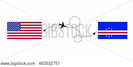 Flight And Travel From Usa To Cabo Verde By Passenger Airplane. Airplane Route And Country Flags. Tr