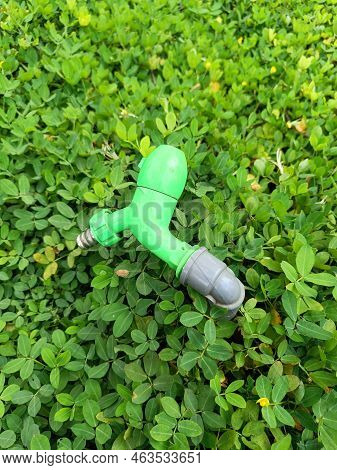 Brass Water Tap In Nature Grass Background Top View. Green Faucet On Top Of Grass.