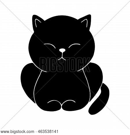 Sleeping Cat Hand Drawn Icon Isolated On Ehite Background. Black Cat On White. Vector Art