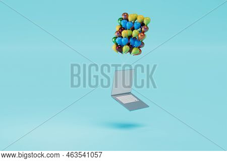 A Laptop Flying Away On Multi-colored Balloons. Copy Paste, Copy Space. 3d Render.